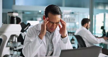 Aufkleber - Anxiety, scientist and man with headache, healthcare and thinking of medical report, laptop and pain. Contemplating, employee and person with stress for research, migraine and overworked in lab