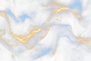Poster - Abstract swirling gold and blue energy particles on dark background.