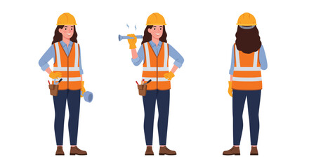 Poster - Construction worker character in flat design style showcasing tools in vector art