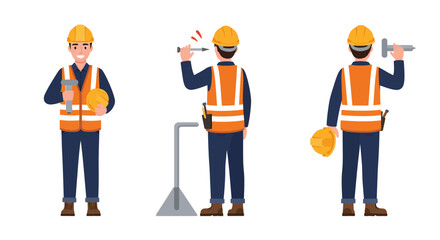 Poster - Construction worker character in flat style showcasing tools in vector art