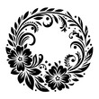 © MatandSterre - Intricate Black and White Floral Wreath Design with Flowers, Leaves, and Swirls on a White Background, creating a circular decorative pattern.