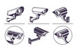© Roman - Minimal Security CC Camera Set Silhouette Vector Illustration featuring modern surveillance camera icons in clean, simple black shapes perfect for security systems, apps, signage, or infographics.