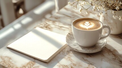 Aufkleber - A cozy cafe setting features a warm cup of latte with a heart design, accompanied by an open notebook, on a marble table adorned with soft sunlight and fresh flowers