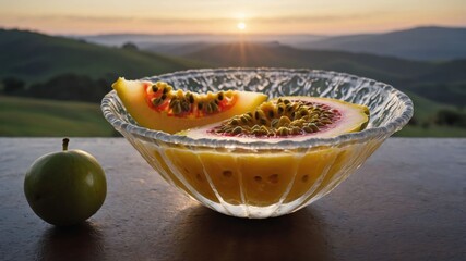 Poster - A bowl of tropical fruits with a sunset backdrop, emphasizing freshness and nature.