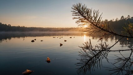Poster - A serene lake at sunrise, surrounded by trees and floating leaves, creating a tranquil atmosphere.