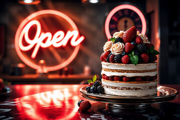 Aufkleber - Delicious layered berry cake with cream frosting sits on a silver plate in a dimly lit restaurant, as a glowing neon 
