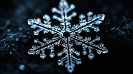 Poster - A close-up of a delicate snowflake against a dark background, showcasing its intricate patterns.
