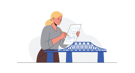 Poster - Engineer sketching bridge design in minimal style vector art