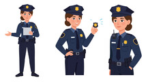 Police officer in three poses with flat design elements in vector art