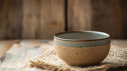 Poster - A beautifully crafted ceramic bowl rests on a piece of burlap, illuminated by soft morning light. The bowl's earthy tones and unique speckled finish evoke a sense of warmth and simplicity