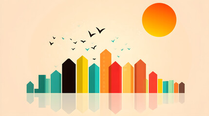 Poster - A colorful city skyline with abstract buildings, birds flying, and a radiant sun in the background, creating a lively and cheerful atmosphere