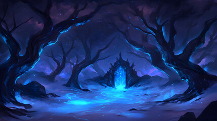 Poster - A mystical forest scene with glowing trees and a mysterious portal, set against a starry night sky, creating an enchanting atmosphere