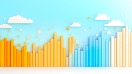 Poster - A vibrant graphic representation of bar charts in orange and blue, set against a light blue background with playful clouds and circles