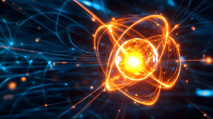 Poster - A vibrant, abstract representation of an atom, showcasing glowing electrons and a central nucleus, symbolizing energy and scientific exploration