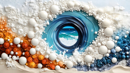 Poster - An abstract representation of ocean waves, featuring swirls of blue, white, and orange textures, evoking a dynamic seascape