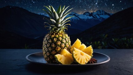 Poster - A fresh pineapple with slices on a plate, set against a starry mountain backdrop.