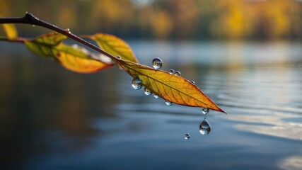 Aufkleber - A close-up of a branch with colorful leaves and water droplets above a serene water surface.