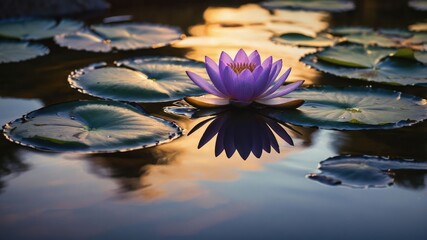 Poster - A serene water lily blooms on a tranquil pond, reflecting the evening light.