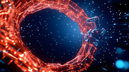 Aufkleber - A futuristic robotic arm interacts with a glowing, circular structure, surrounded by vibrant particles in a digital space