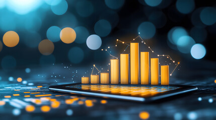 Poster - A sleek tablet displays a vibrant bar graph, symbolizing data analysis, against a blurred blue background
