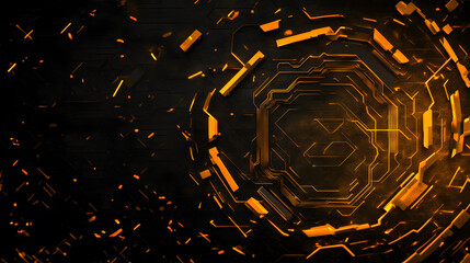 Poster - A dark, futuristic abstract design featuring golden circuitry patterns radiating from the center, creating a high-tech visual effect