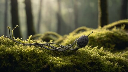 Poster - A close-up of a moss-covered forest floor with a vine and a small spherical object.