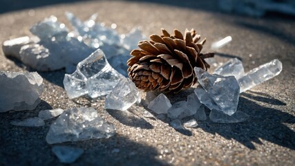 Poster - A pinecone surrounded by shards of ice on a concrete surface, highlighting nature's contrast.
