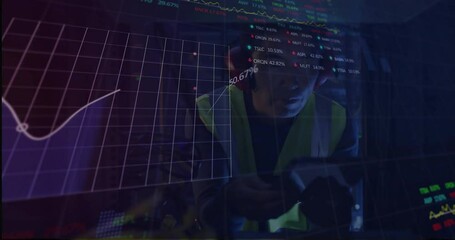 Poster - In safety gear, worker analyzing financial graphs and data projections animation