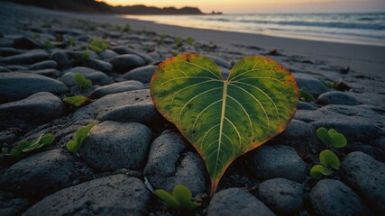 Poster - A heart-shaped leaf rests on pebbles by the beach, capturing nature's beauty at sunset.