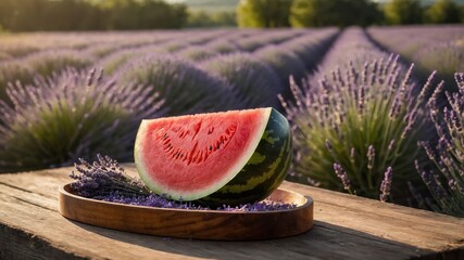 Poster - A slice of watermelon on a wooden tray surrounded by lavender fields at sunset.