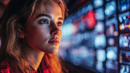 Leinwandbilder - A young woman intently studies various data displays about logistics, transportation, and security in a high tech control room at dusk.