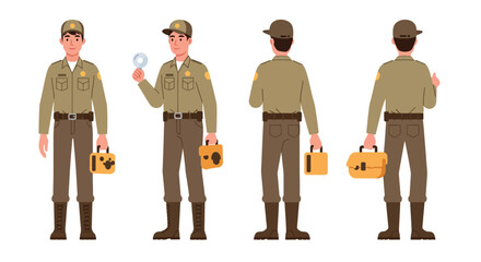 Poster - Detailed illustration of a park ranger in various poses showcasing flat vector art