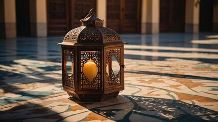 Aufkleber - A decorative lantern casting shadows on a patterned floor in a tranquil setting.