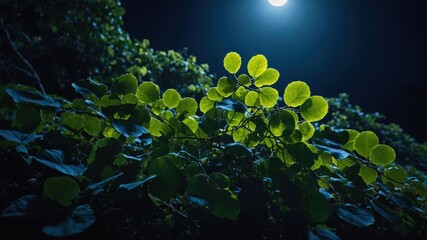 Poster - Lush green leaves illuminated by moonlight in a serene nighttime setting.