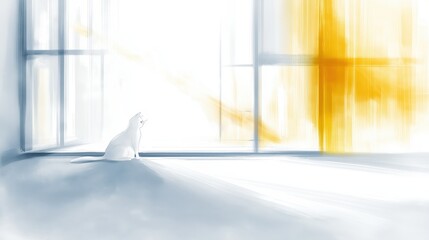Poster - Serene White Cat Gazing Through Bright Window with Artistic Light and Soft Shadows in Modern Interior