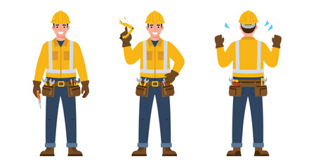 Poster - Construction worker character illustration in flat design showcasing three different poses vector art