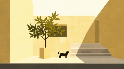 Poster - Minimalist Scene with Black Cat and Geometric Plant in Bright Modern Architectural Setting