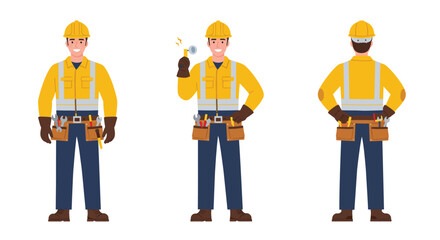 Poster - Construction worker character in flat style showcasing different poses in vector illustration