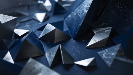 Poster - Geometric metal shapes scattered on a dark surface create a dramatic and modern visual composition