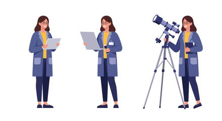 Poster - Scientist analyzing data and observing through telescope in flat vector art