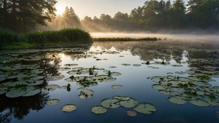 Aufkleber - Serene morning landscape with mist over water and lily pads.