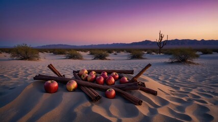Aufkleber - A serene desert scene featuring apples and cinnamon sticks at sunset.