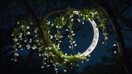 Aufkleber - A glowing crescent moon adorned with flowers, suspended in a dark, serene environment.