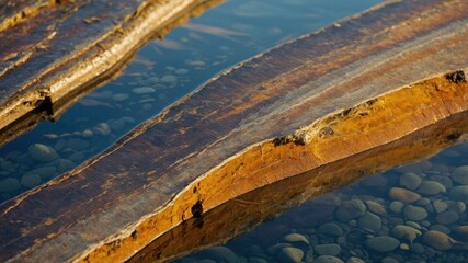 Poster - A close-up of weathered wood submerged in clear water, reflecting its surroundings.