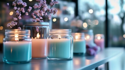 Poster - candles glowing softly on a table with flowers during twilight in a serene indoor setting