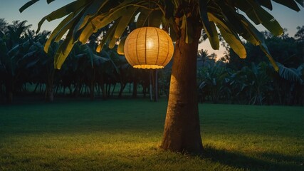 Aufkleber - A lantern hangs from a tree in a serene outdoor setting at dusk.