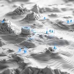 Aufkleber - Abstract Topographic Map with Futuristic Structures and Blue Markers, 3D Rendering