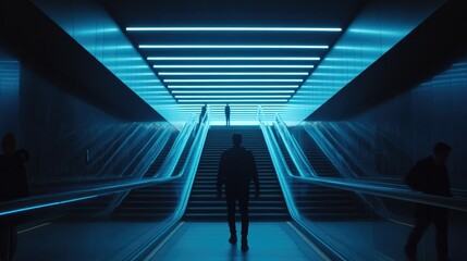 Poster - Blue neon lights forming abstract geometric patterns