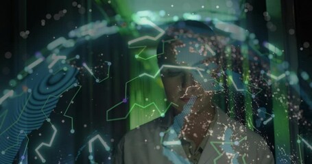 Poster - In school, scientist analyzing digital holographic globe with animation overlay data