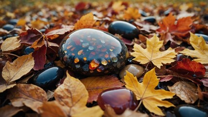 Poster - A smooth stone surrounded by autumn leaves and pebbles, showcasing nature's beauty.